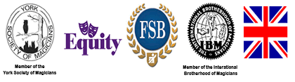 Russell King, magician and children's entertainer, logos:  York Society of Magicians, Equity, International Brotherhood of Magicians, FSB